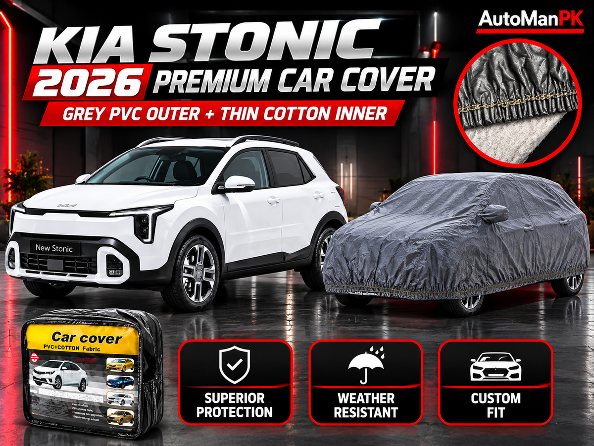 Kia Stonic 2026 premium car top cover with grey PVC exterior and cotton inner lining, AutoManPK