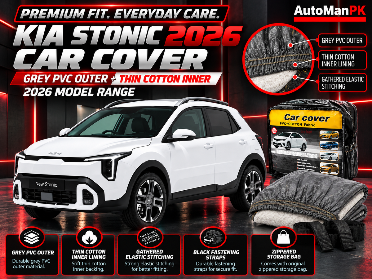 Kia Stonic 2026 car cover details showing grey PVC outer, cotton inner lining, elastic stitching and fastening straps