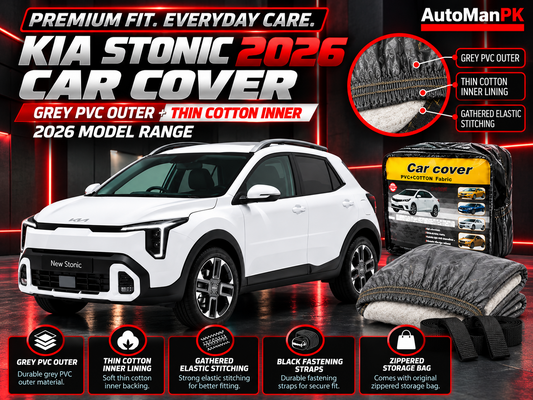 Kia Stonic 2026 car cover detail showing grey PVC exterior, cotton inner lining and fastening straps