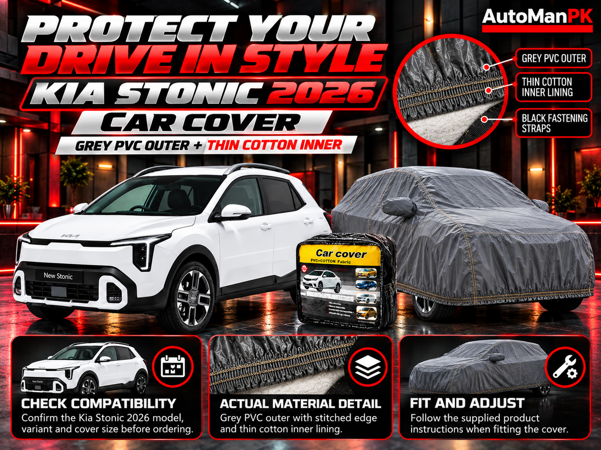AutoManPK Kia Stonic 2026 car top cover with grey PVC outer and thin cotton inner lining