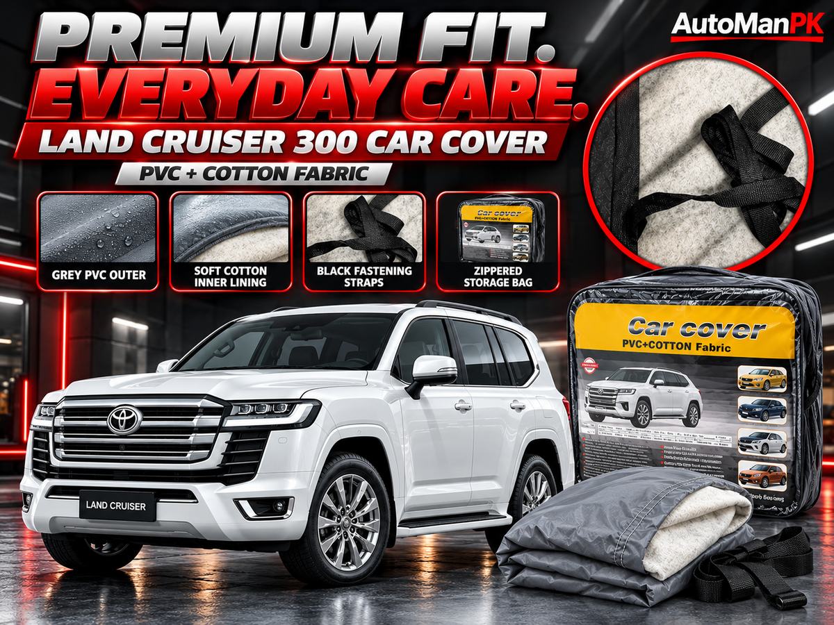 Toyota Land Cruiser 300 premium car cover material detail showing grey PVC outer, white cotton inner lining and black straps