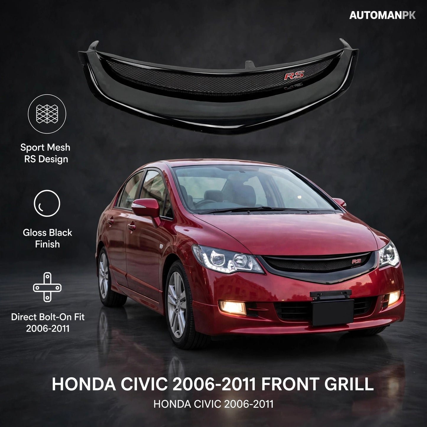 Honda Civic Reborn 2006-2011 Honeycomb Front Grill – Sporty Mesh Upgrade