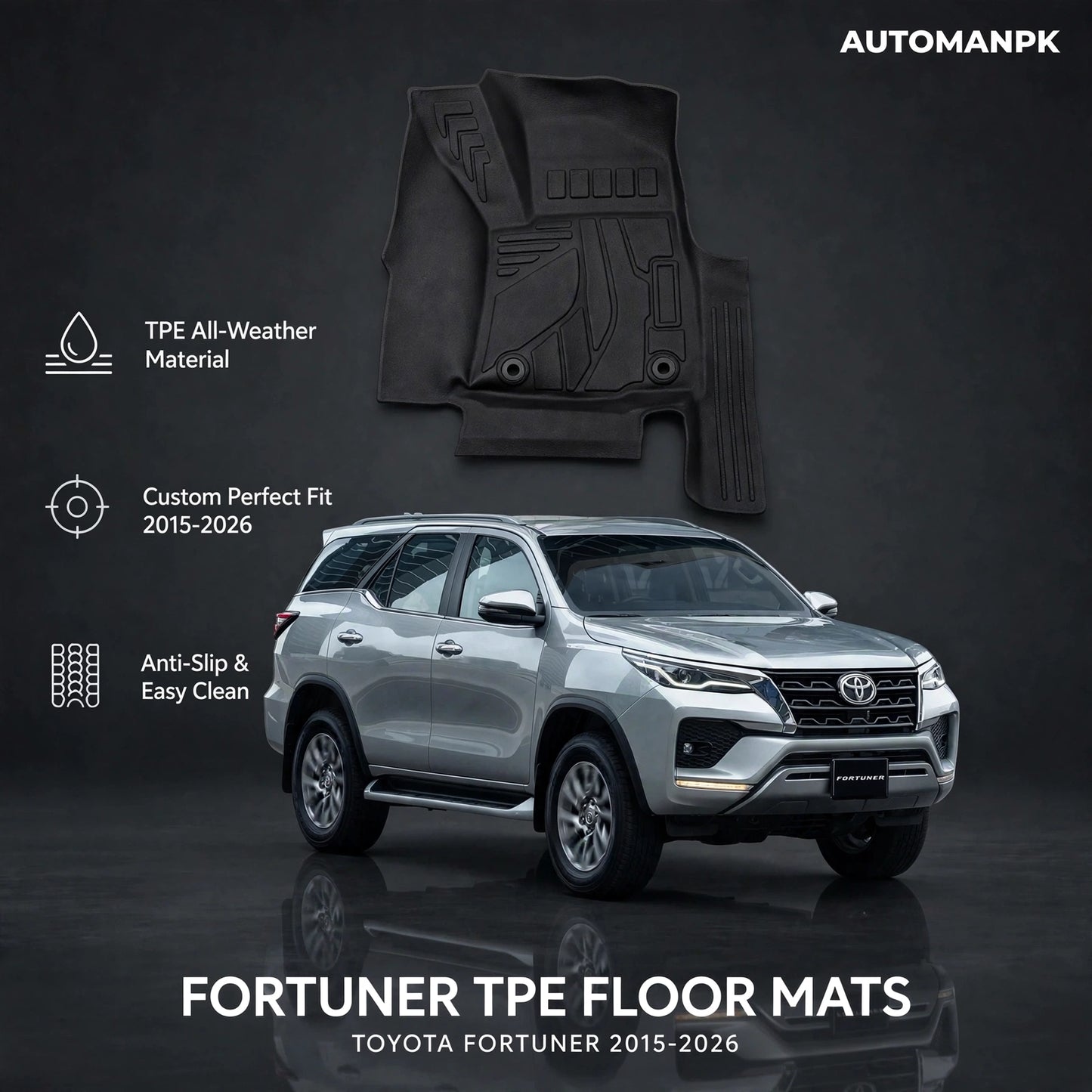 Toyota Fortuner TPE Floor Mats – 4Pcs Custom Fit Set (2 Front + 2 Rear)