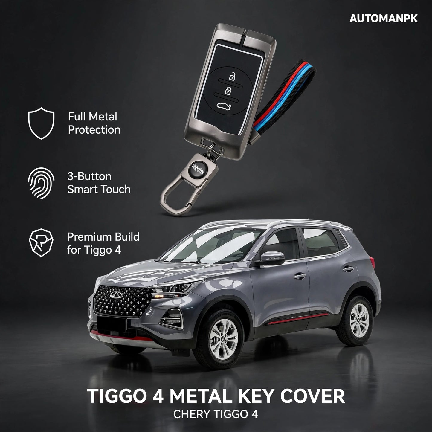Chery Tiggo 4 Metal Key Cover with Key Chain Holder – Premium Alloy Case
