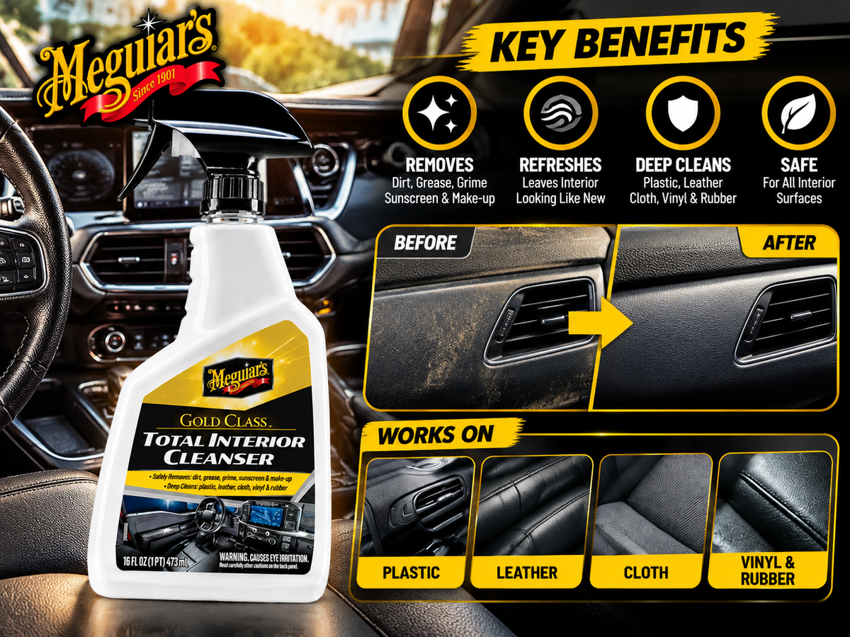 Meguiar's Gold Class Total Interior Cleanser benefits for plastic leather cloth vinyl and rubber