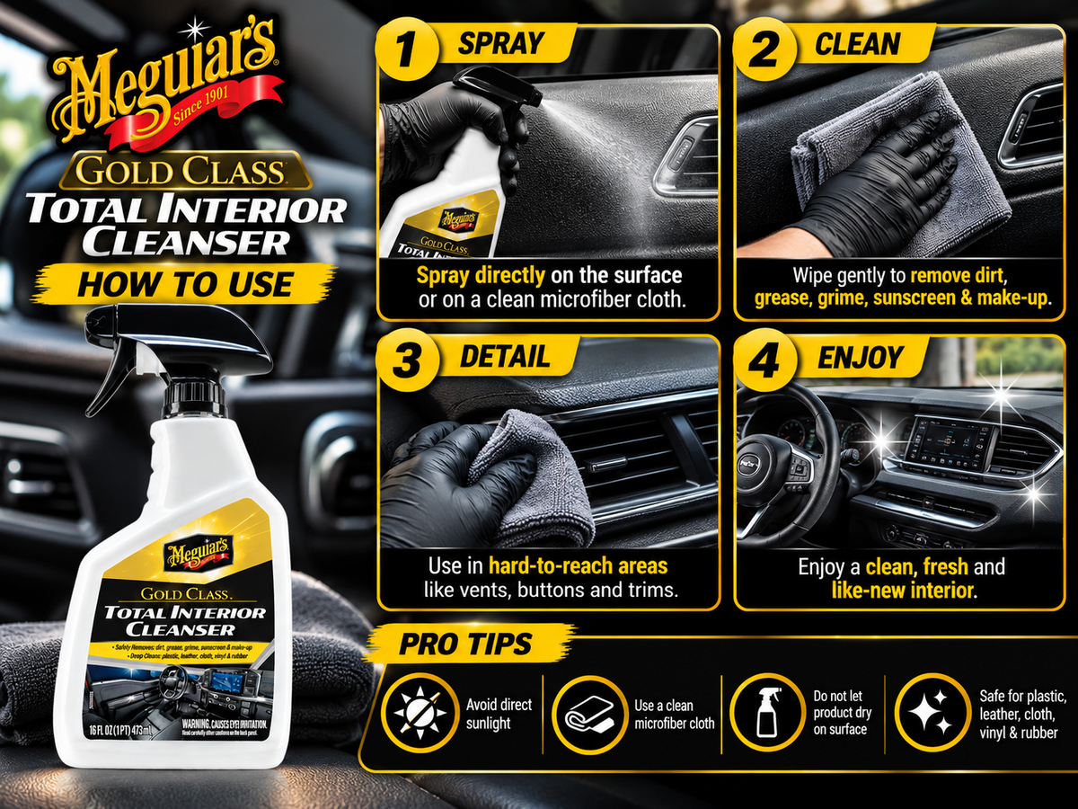 How to use Meguiar's Gold Class Total Interior Cleanser with a microfiber cloth