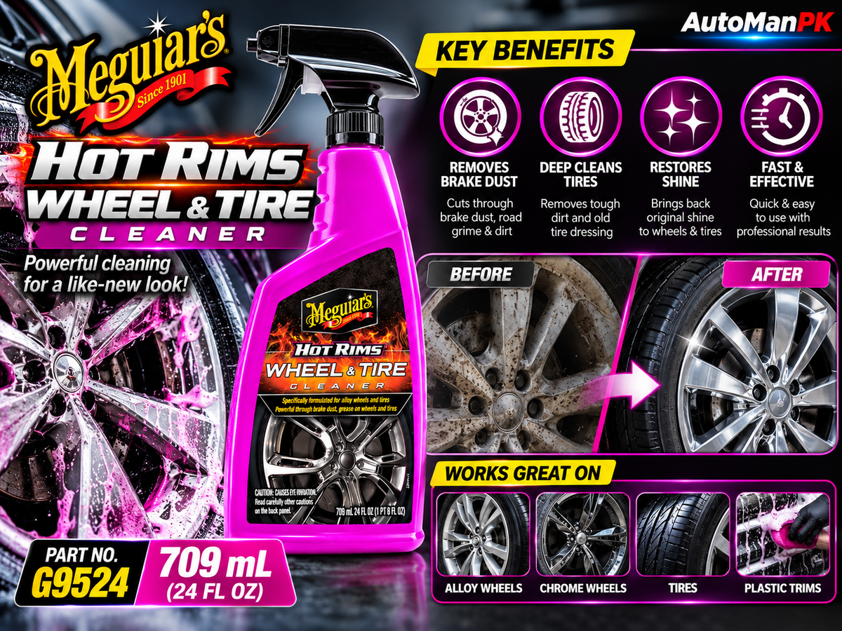 Meguiar's Hot Rims Wheel and Tire Cleaner G9524 709ml bottle and wheel cleaning benefits