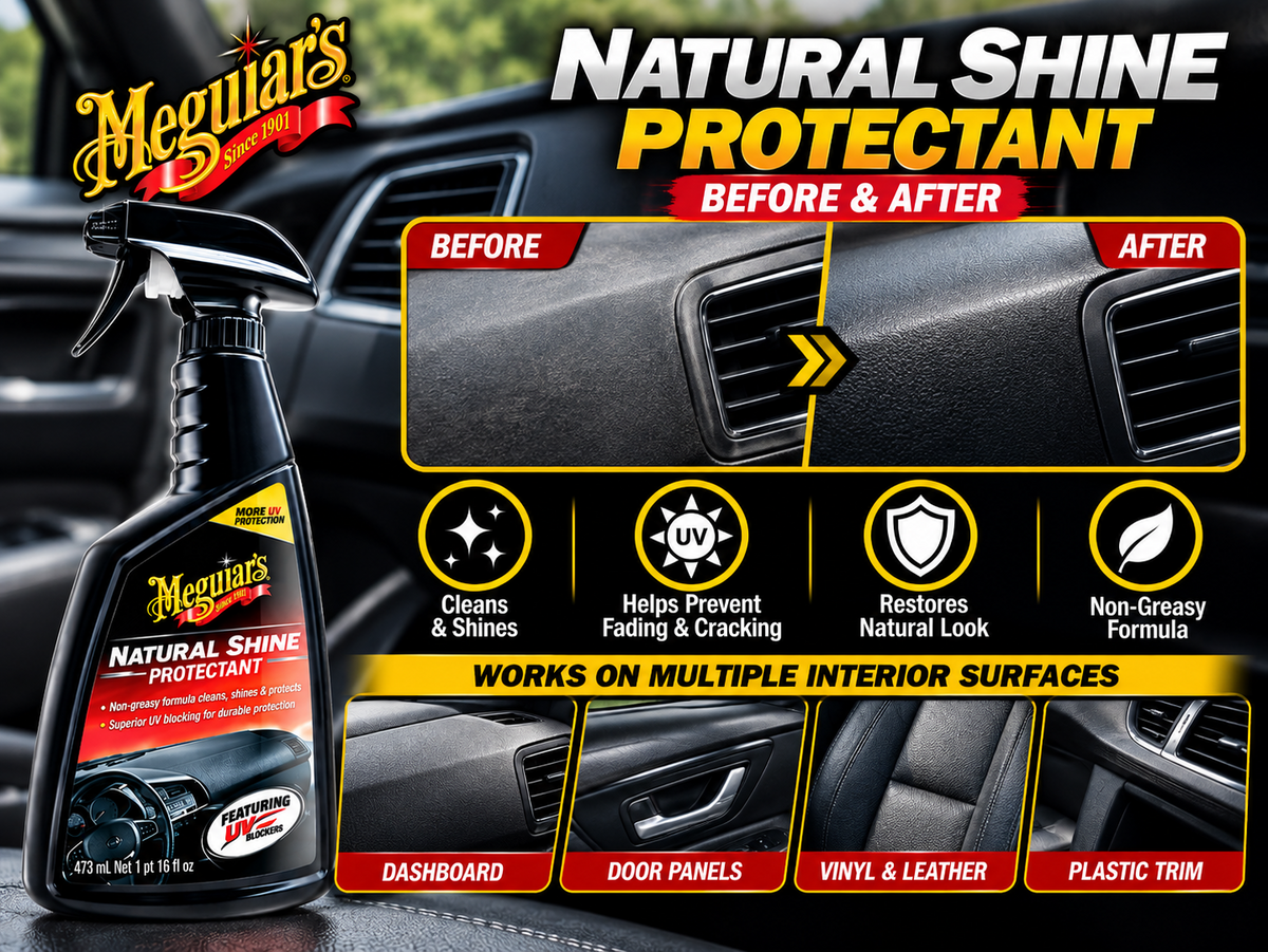 Meguiar's Natural Shine Protectant G4116 benefits for dashboard, door panels, vinyl and plastic trim