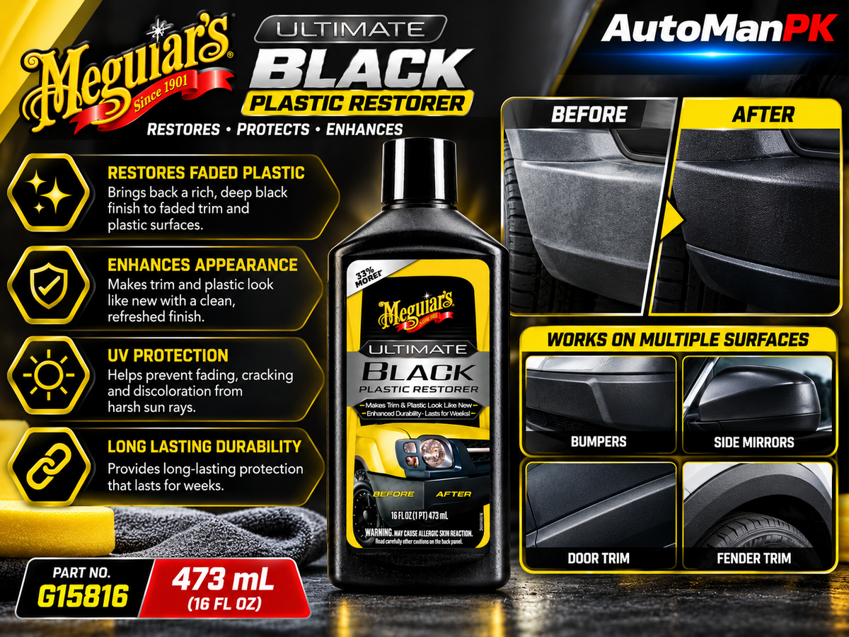 Meguiar's Ultimate Black Plastic Restorer benefits for faded bumpers and exterior trim