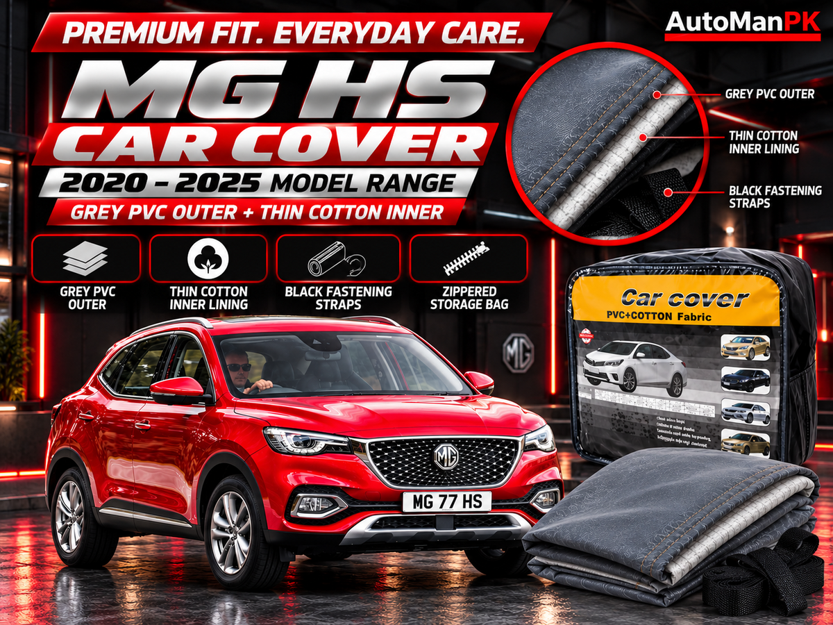 MG HS 2021–2025 car cover material details showing grey PVC exterior, cotton inner lining, fastening straps and storage bag