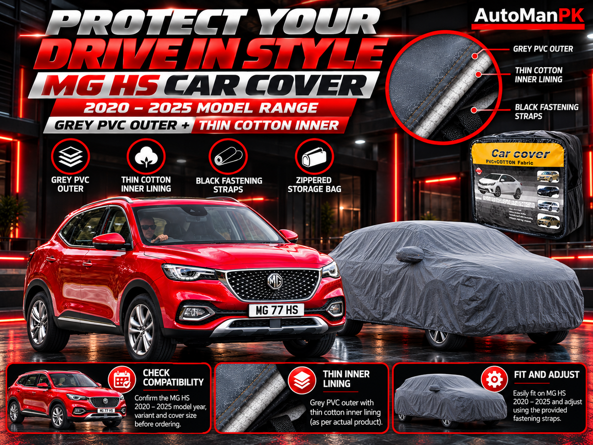 AutoManPK MG HS 2021–2025 custom-fit top car cover with grey PVC outer and thin cotton inner lining