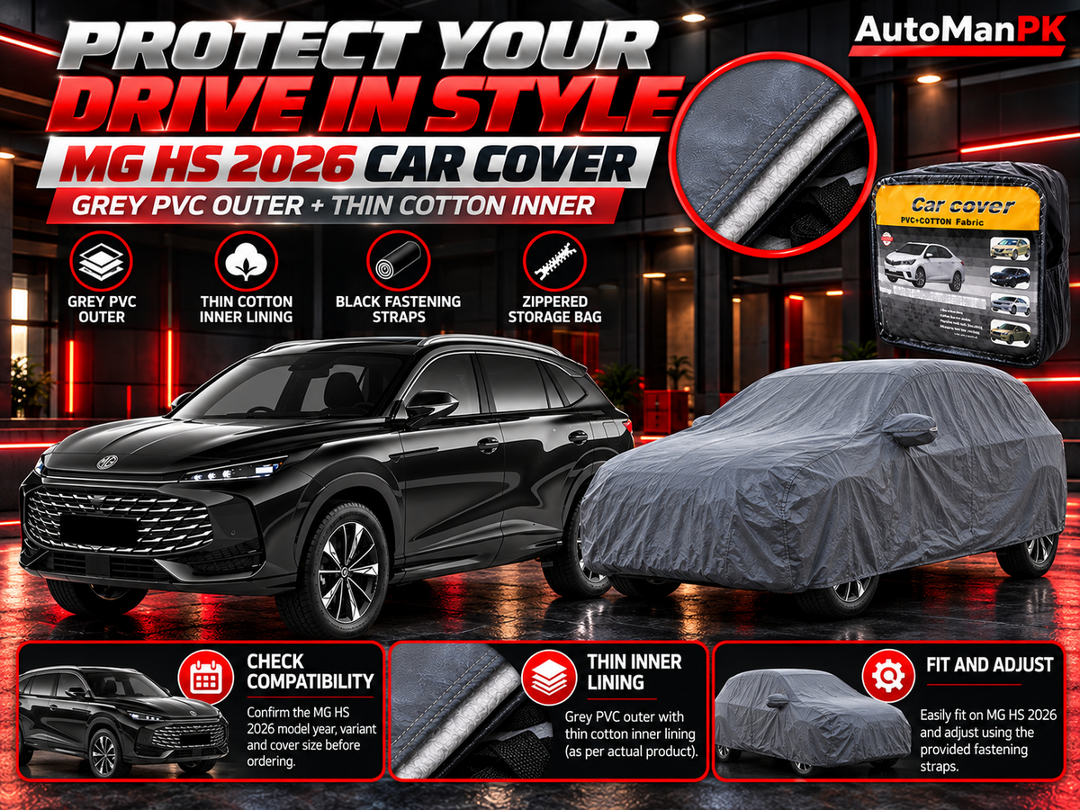 AutoManPK custom-fit MG HS 2026 car cover with grey PVC outer and thin cotton inner lining