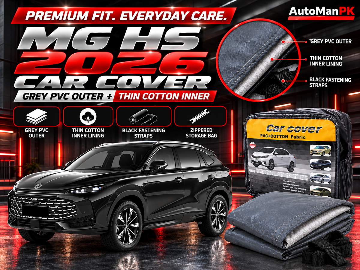 MG HS 2026 premium car cover product display showing grey PVC exterior, cotton inner lining, fastening straps and storage bag