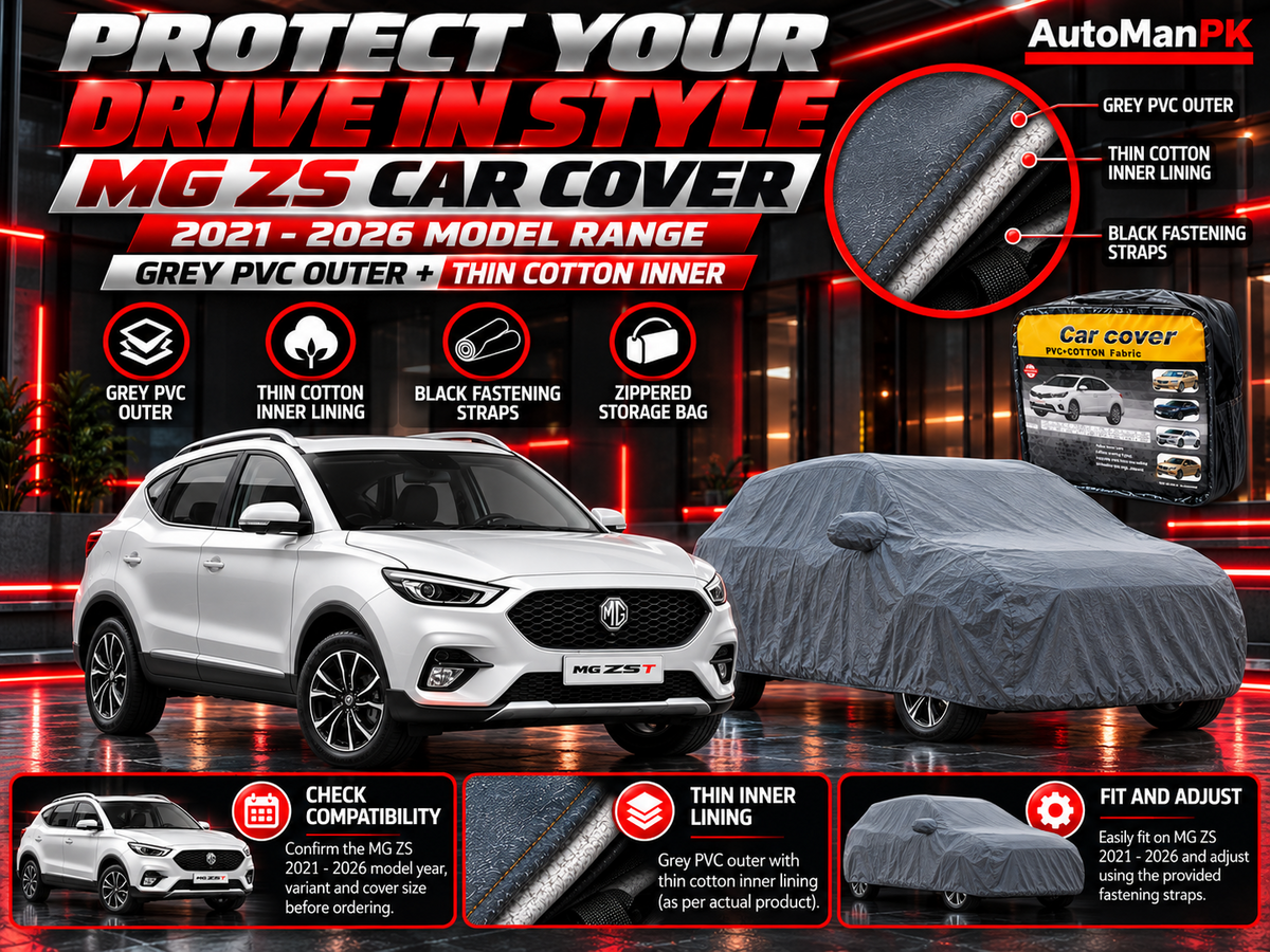 MG ZS 2021–2025 car cover details showing PVC outer, cotton lining, fastening straps and storage bag