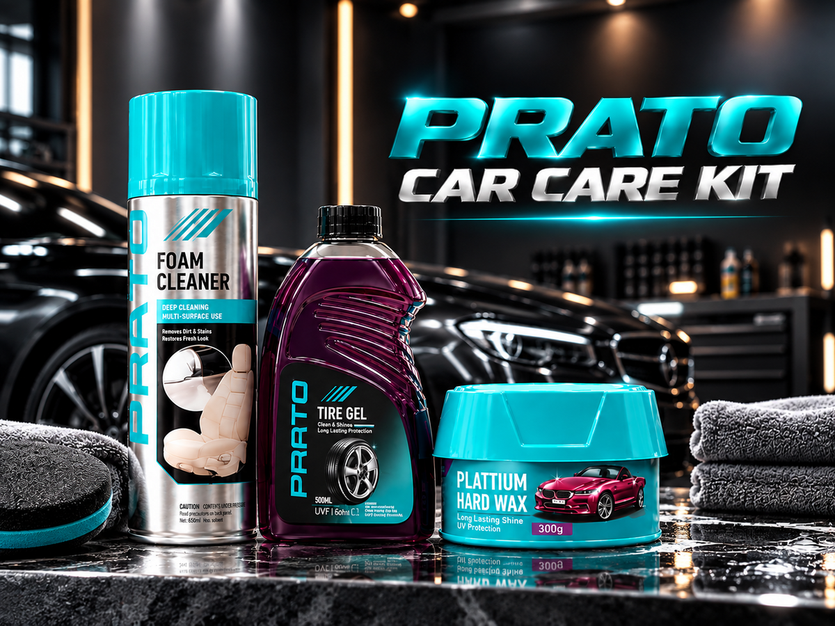 Prato Car A Care 3-in-1 Bundle with Foam Cleaner Tire Gel and Platinum Hard Wax