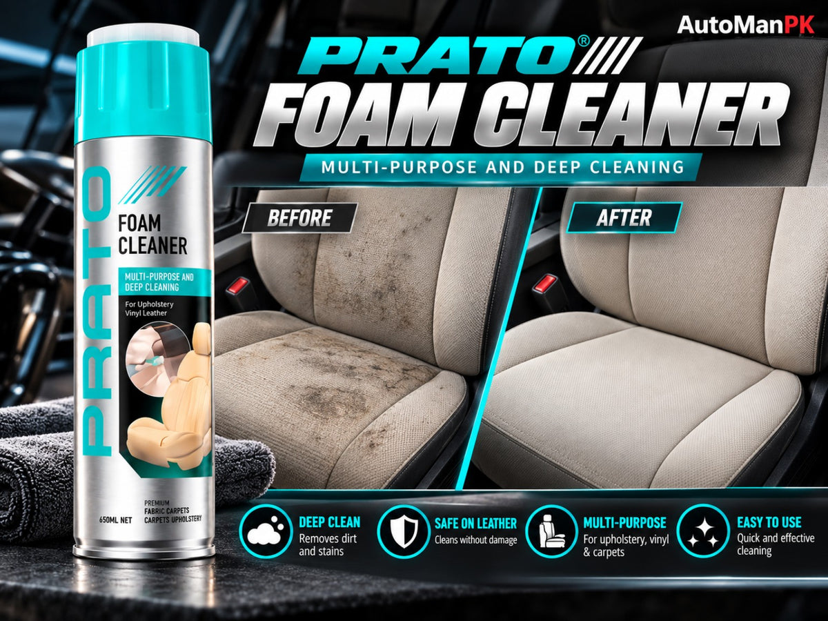 Prato Foam Cleaner 650ml car seat before and after cleaning result
