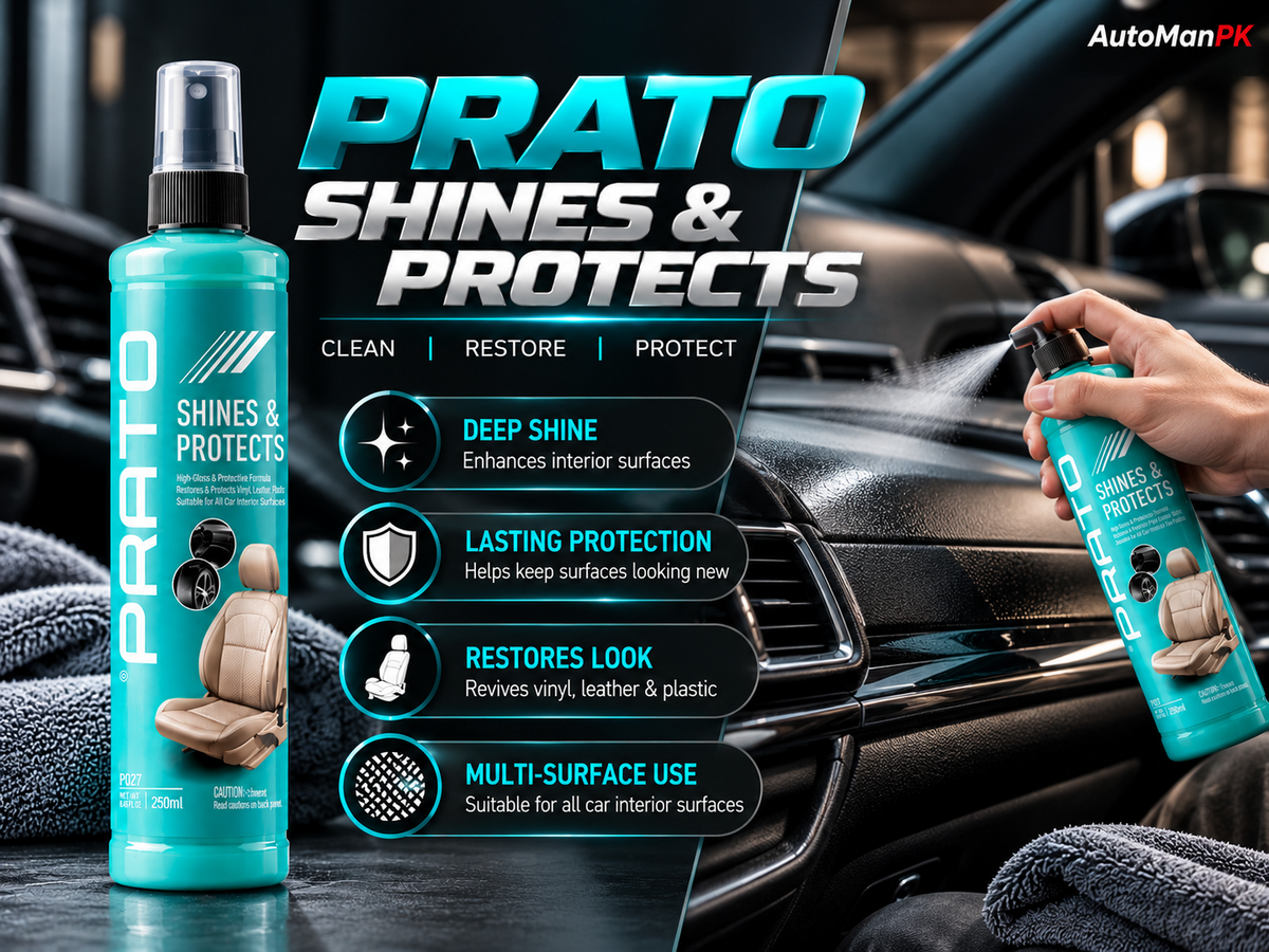 Prato Shines & Protects 295ml dashboard polish features and interior protection