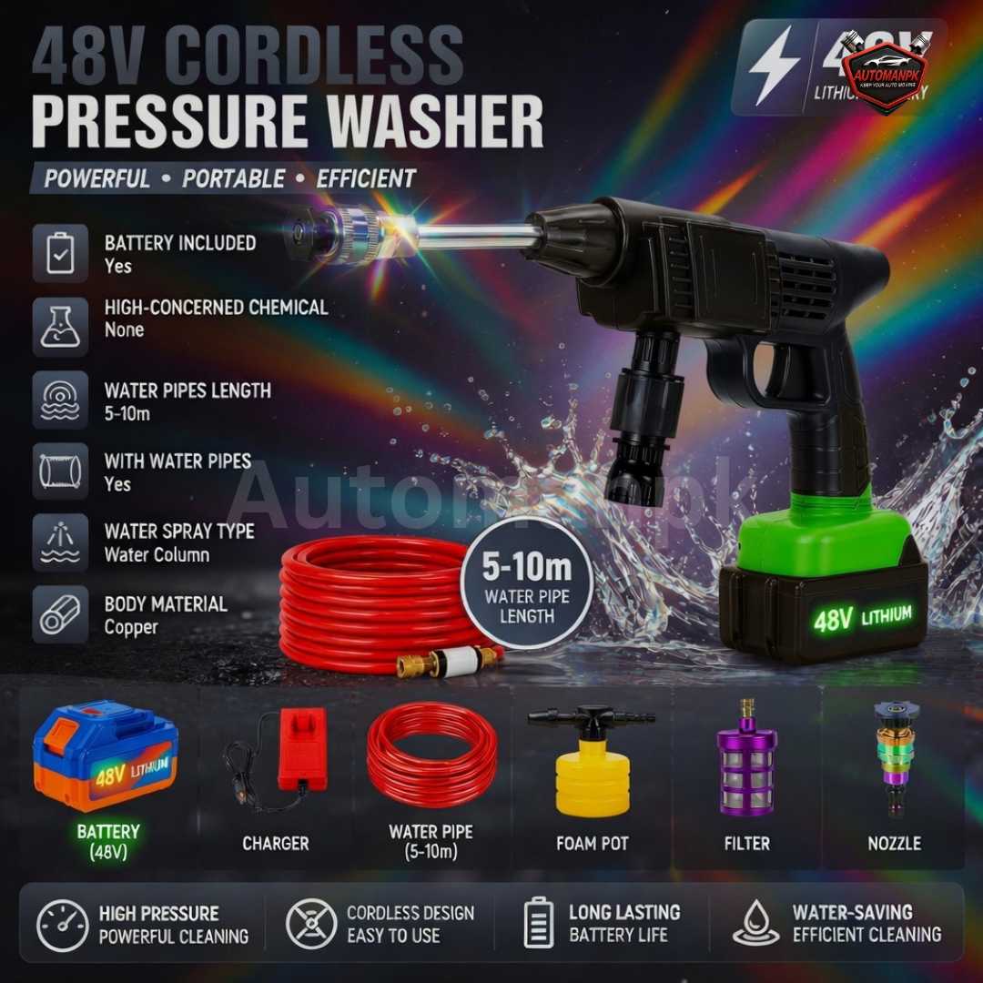 Cordless Pressure Washer 48V – Car, Solar Panel & Bike Wash | 2 Nozzles, Foam Pipe & Bottle