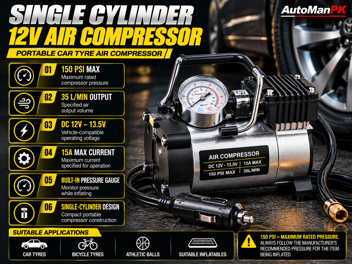 Single cylinder 12V air compressor features 150 PSI 35 L/min 12V to 13.5V and 15A max - AutoManPK