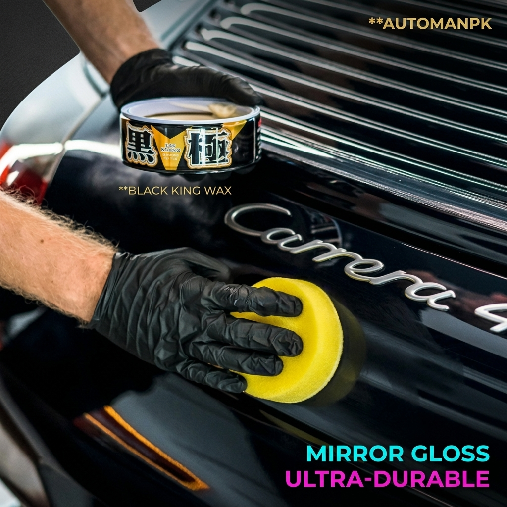 Person applying car wax to a Porsche Carrera 4 with Black King Wax product visible.