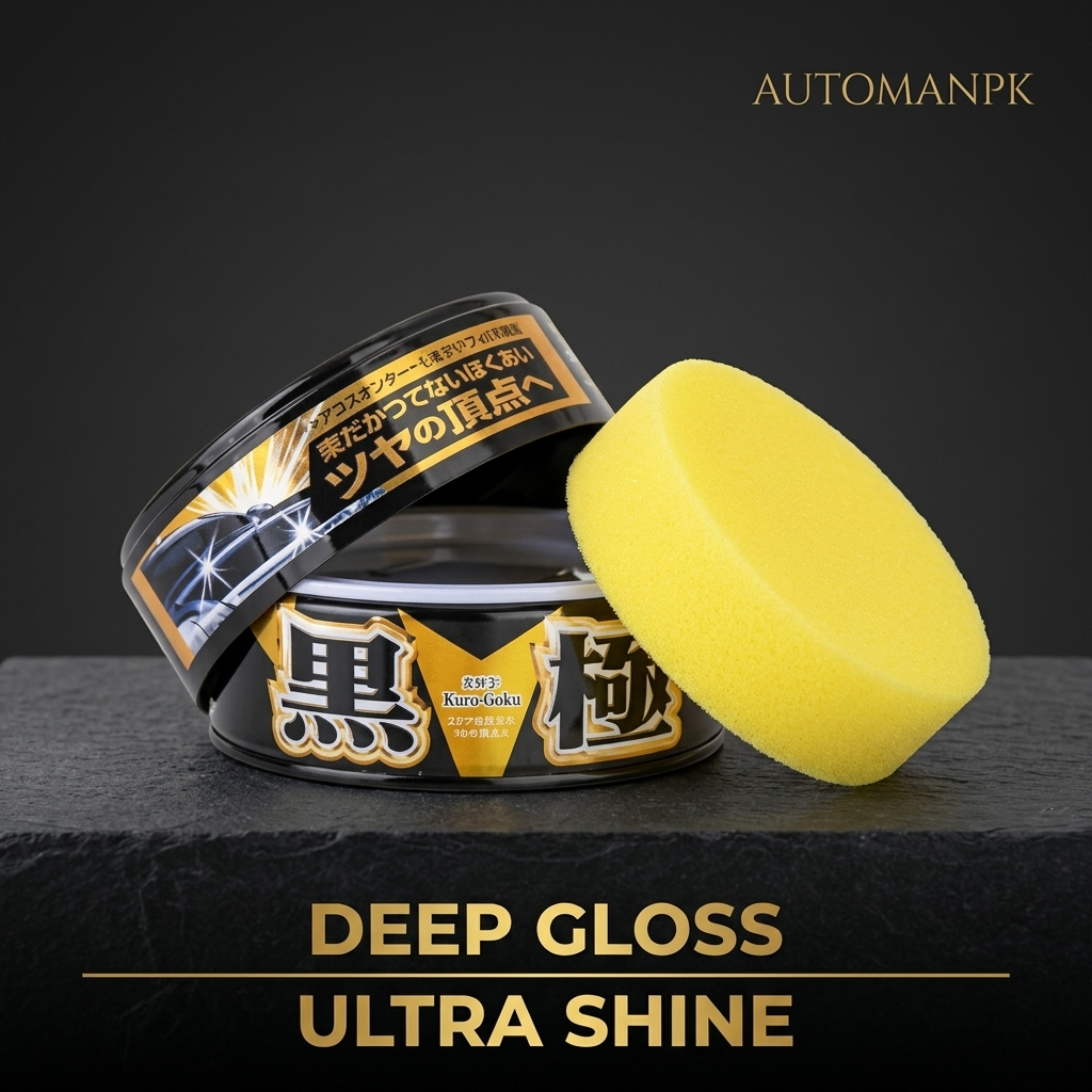 Automotive detailing product with a yellow sponge on a dark background, featuring the brand 'AUTOMANPK'.