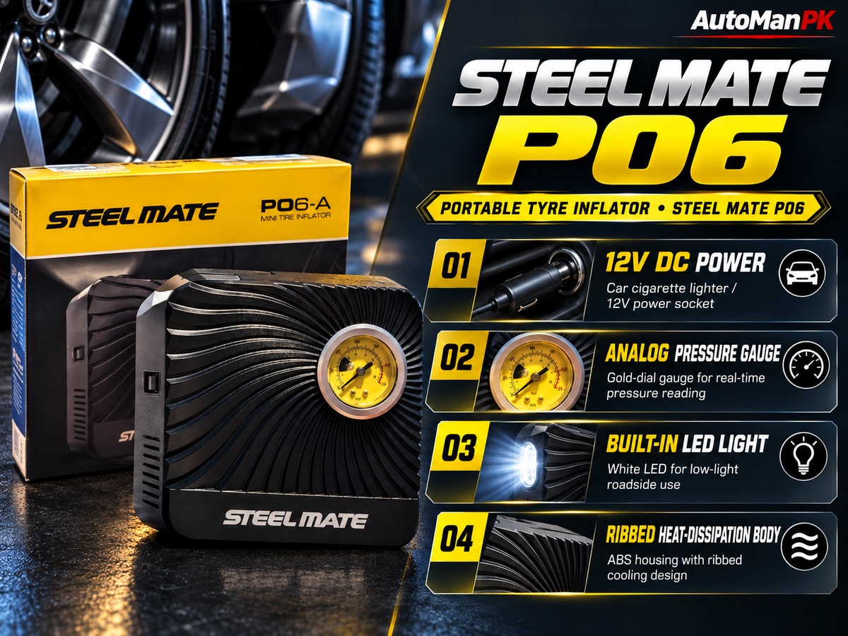 Steel Mate P06 tyre inflator features: 12V DC, analog pressure gauge, built-in LED and ribbed body - AutoManPK