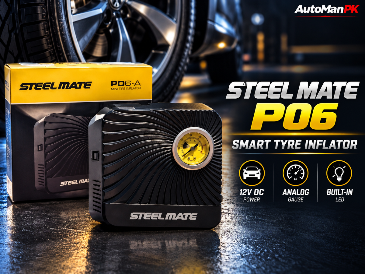 Steel Mate P06 tyre inflator air compressor with 12V DC power and analog pressure gauge - AutoManPK
