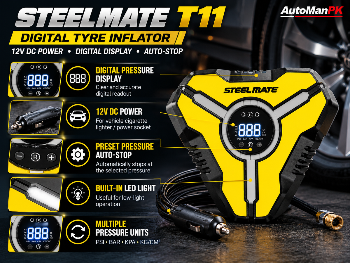 Steelmate T11 tyre inflator features with digital display 12V power LED light and preset auto-stop - AutoManPK