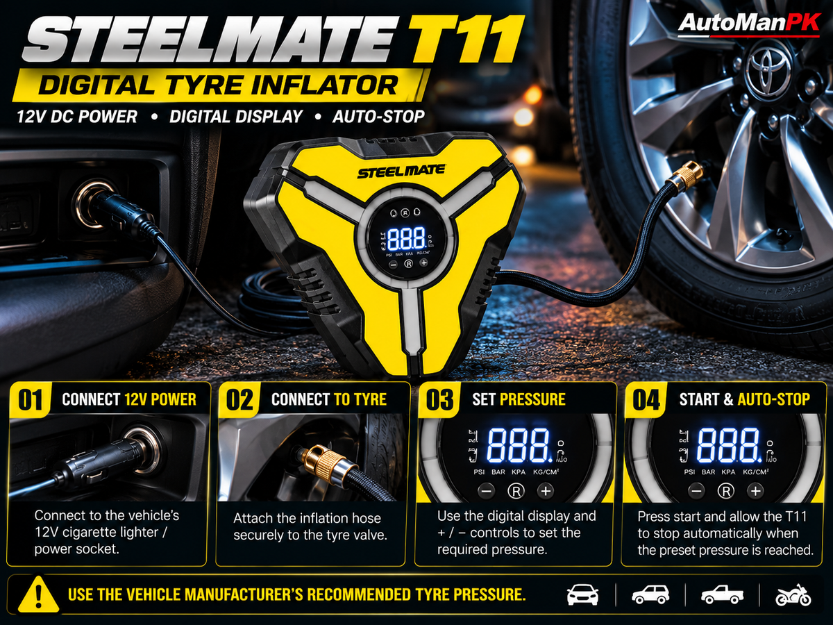 How to use Steelmate T11 digital tyre inflator with 12V power tyre valve connection and auto-stop - AutoManPK