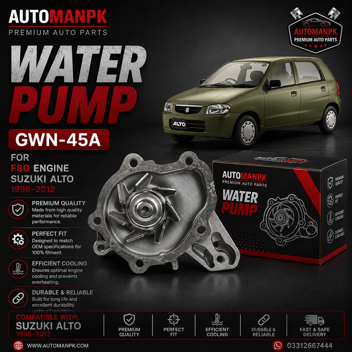 Suzuki Alto 1000cc Water Pump A&S GWS-44A | 2000-2012 | AutoManPK