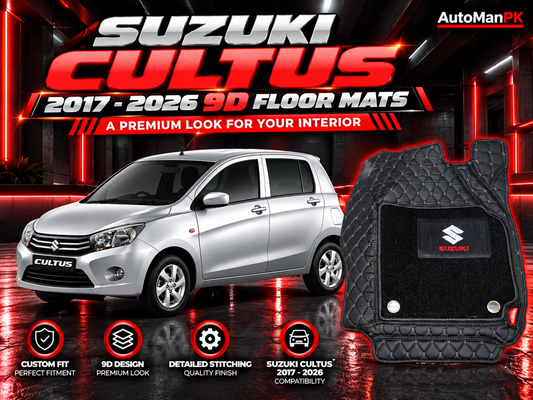 Suzuki Cultus 2017–2026 black custom-fit 9D floor mats with diamond-quilted finish product showcase