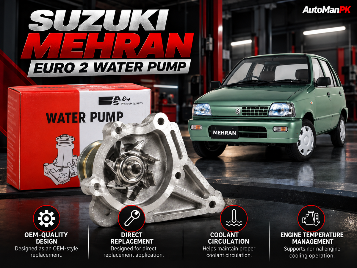 Suzuki Mehran Euro 2 A&S water pump features coolant circulation engine temperature management Pakistan