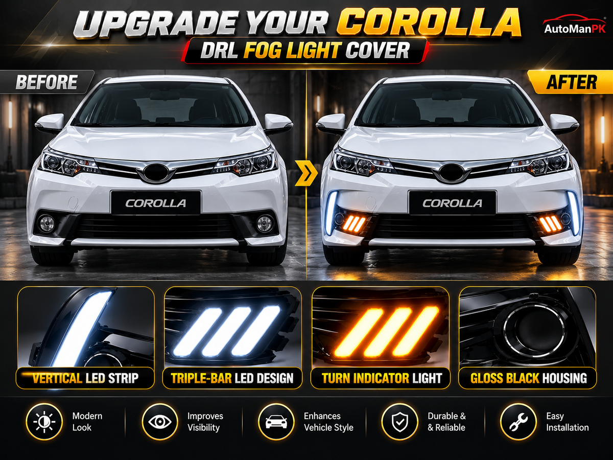 Toyota Corolla 2018–2020 DRL fog light cover with vertical white LED and yellow indicator bars