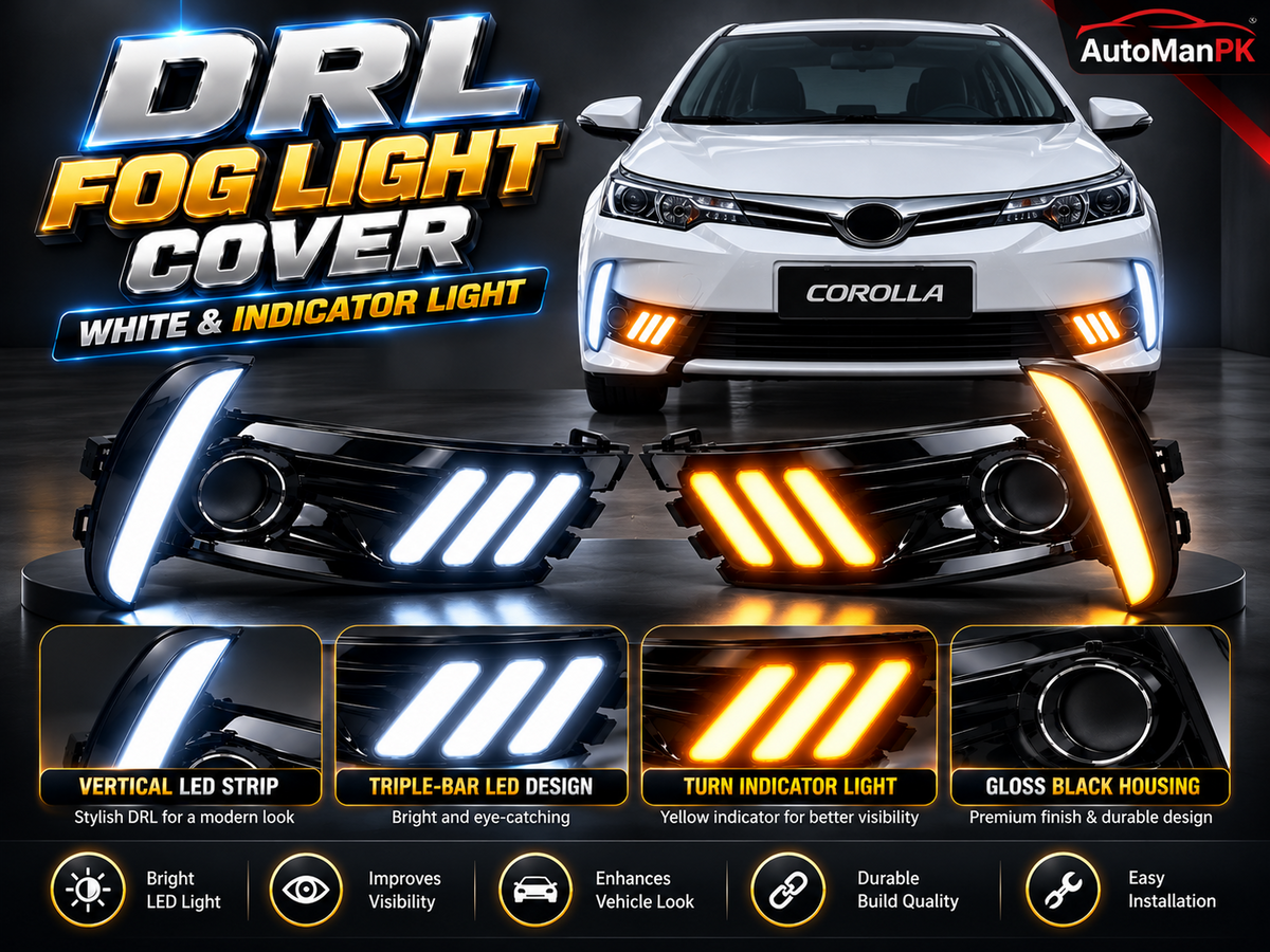 Toyota Corolla 2018–2020 DRL fog light cover features showing white LED strip and yellow indicator design