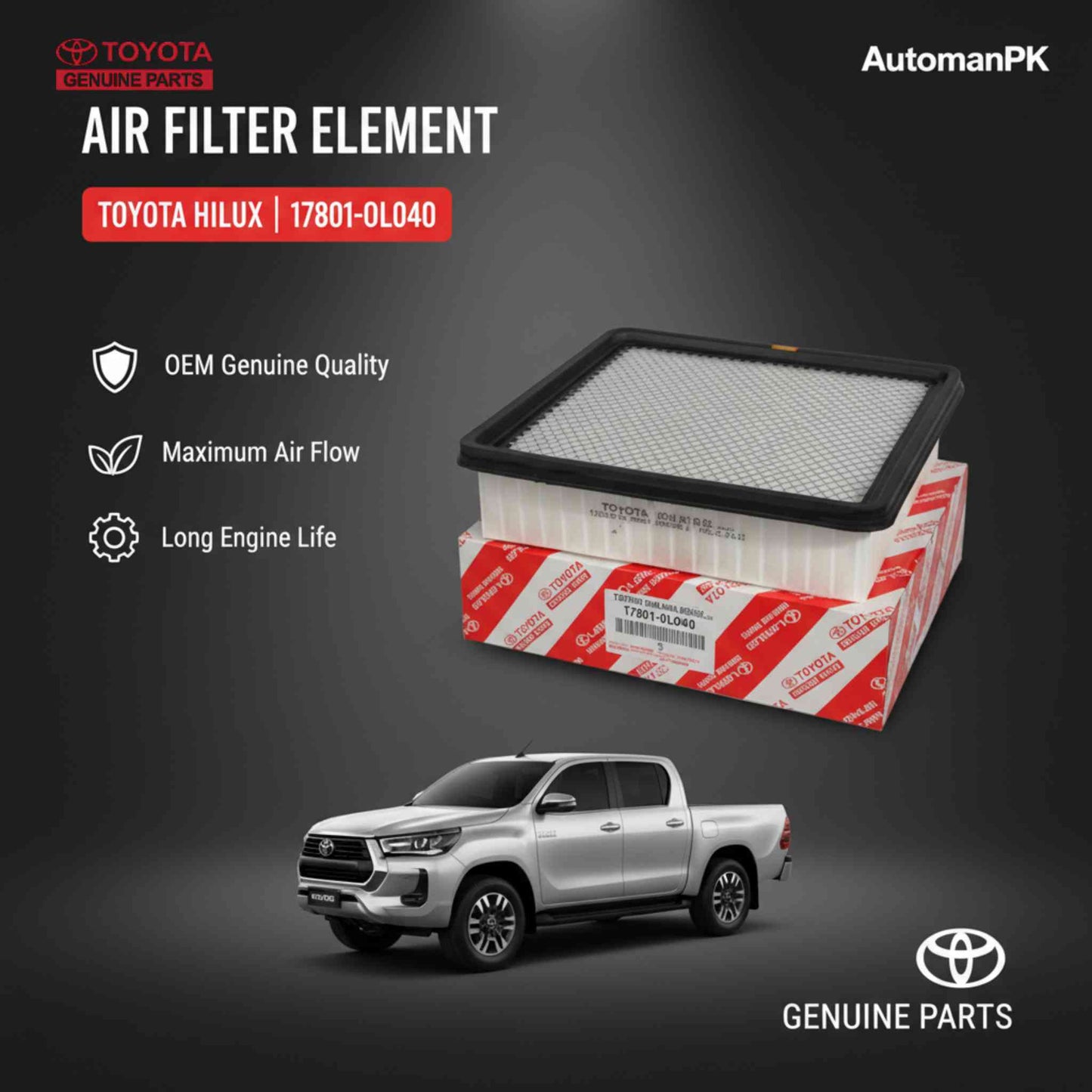 Toyota Hilux Revo Genuine Air Filter Element – Toyota OEM Part No. 17801-0L040