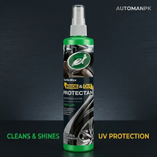 Bottle of Turtle Wax Inside & Out Protectant on a dark background