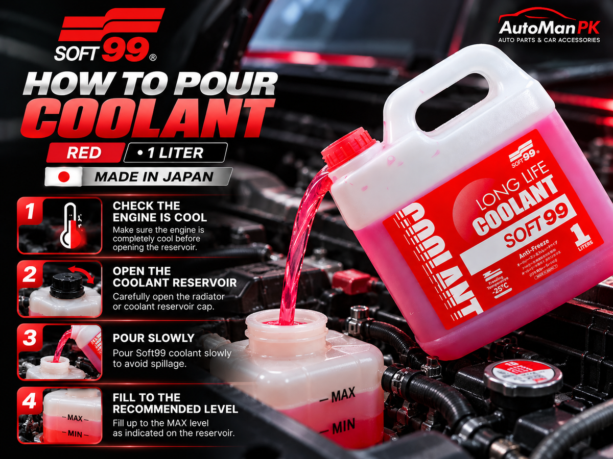 How to pour Soft99 Long Life Coolant Red 1 Liter into coolant reservoir